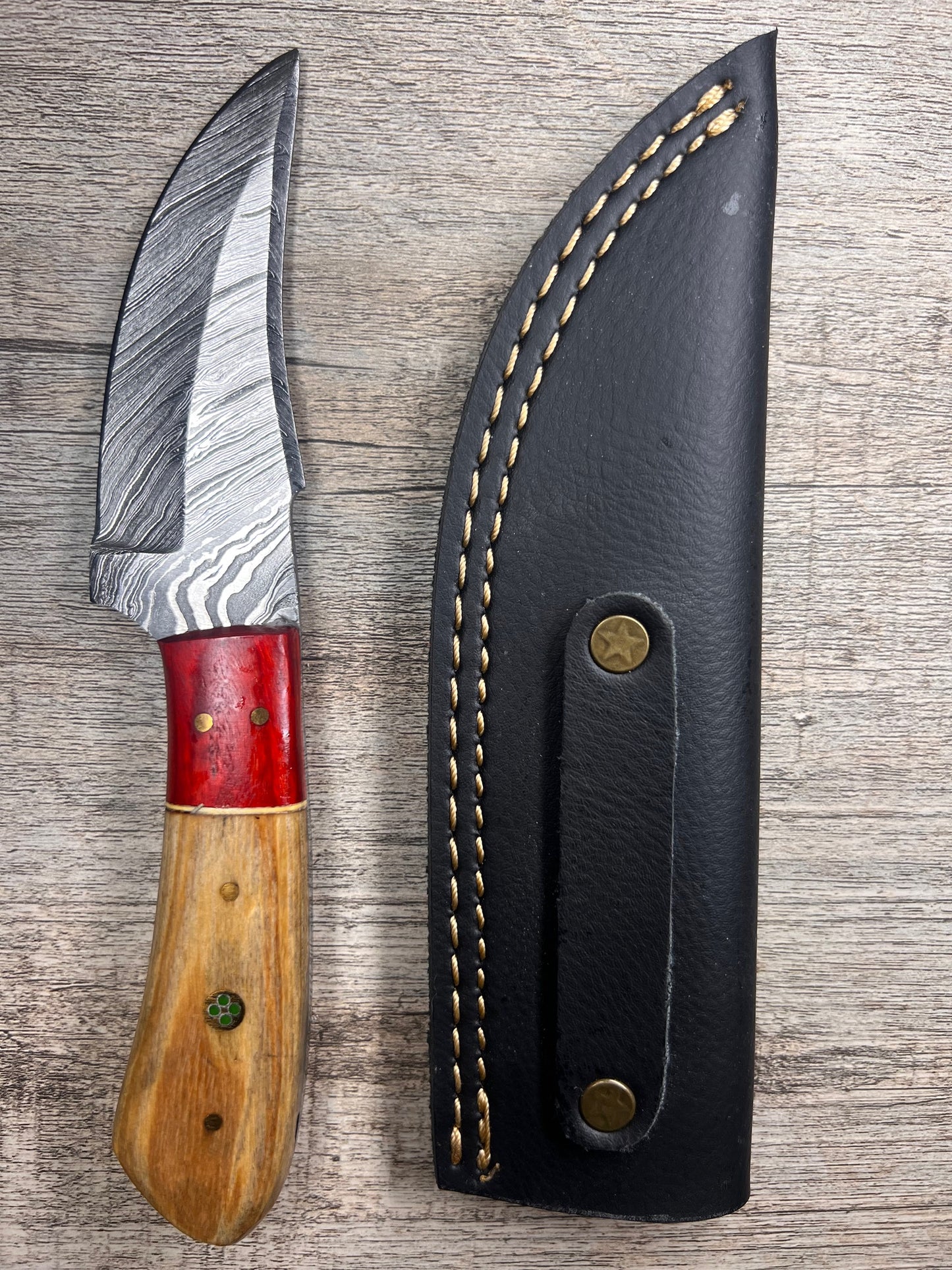 Damascus Steel Knife With Multi-Colored Wooden Handle