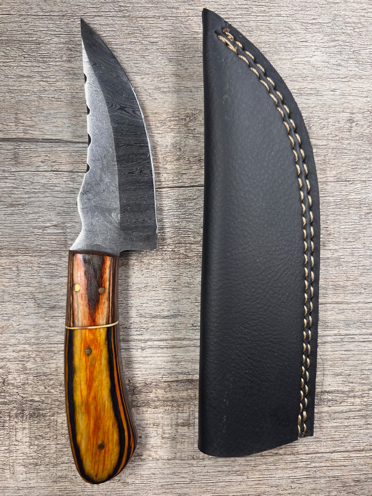 Damascus Steel Knife With Multi-Colored Wooden Handle
