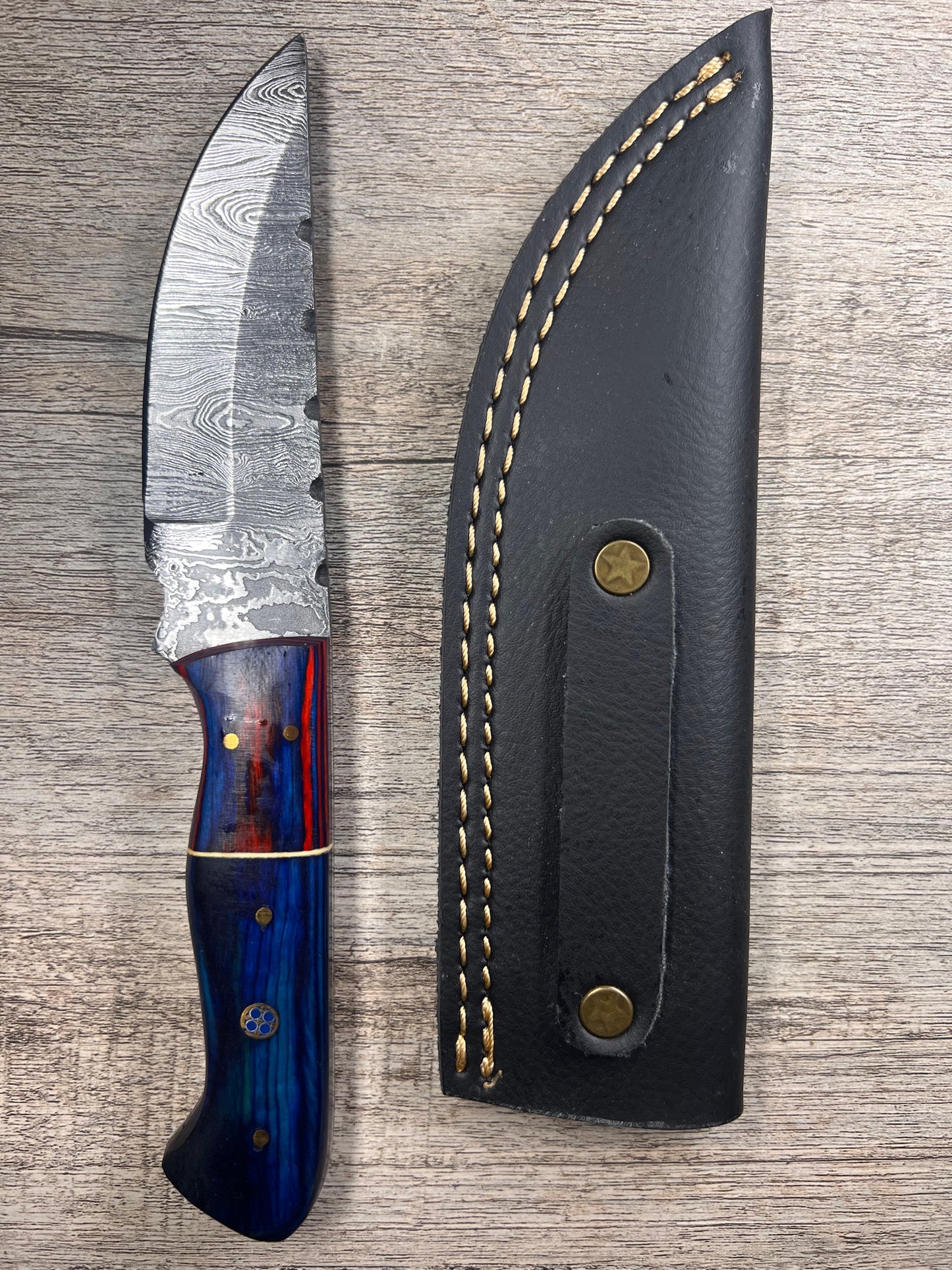 Damascus Steel Knife With Multi-Colored Wooden Handle