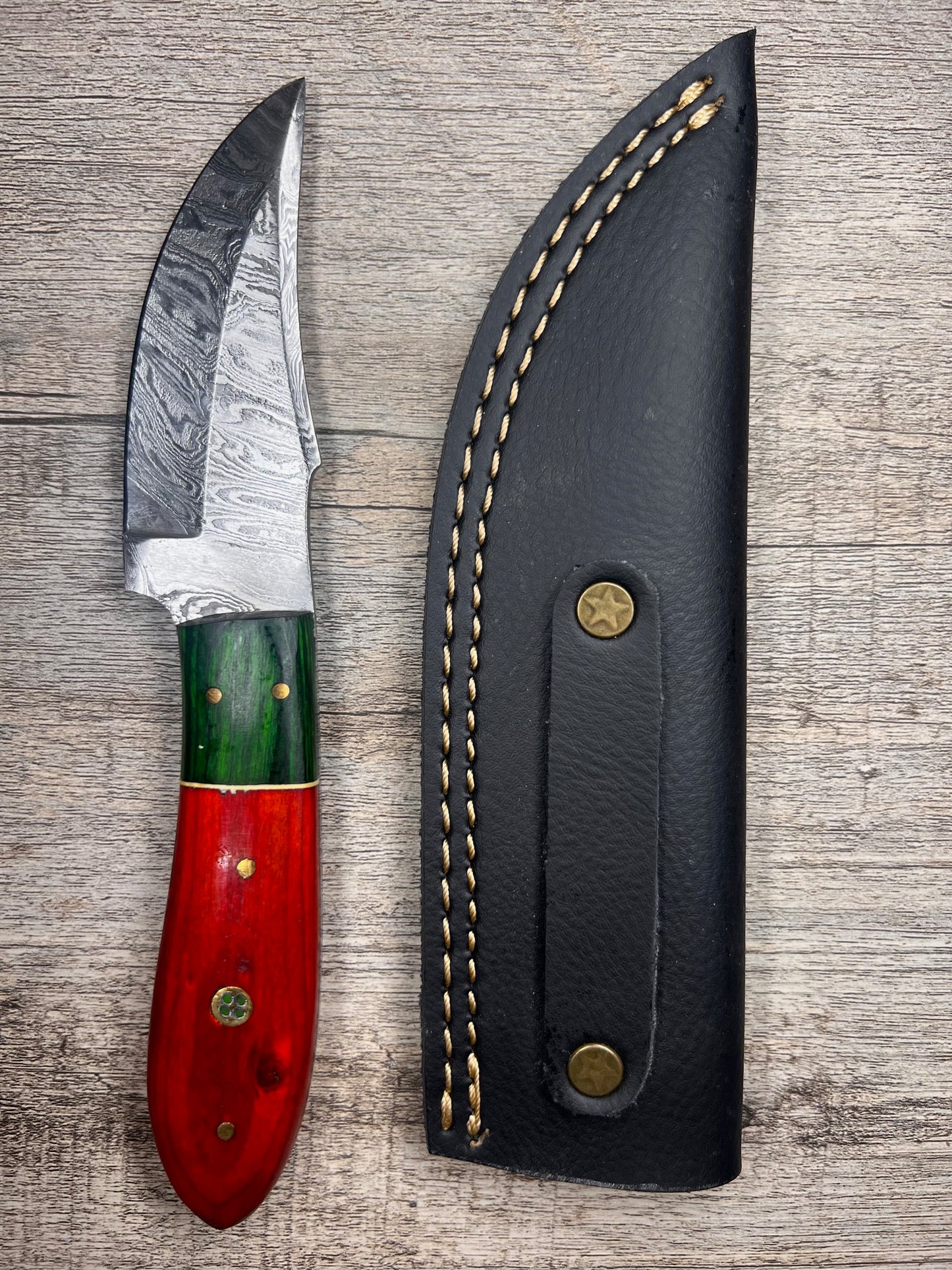 Damascus Steel Knife With Multi-Colored Wooden Handle