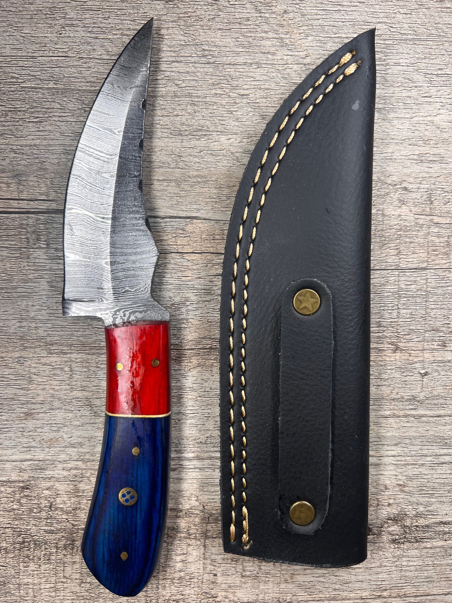 Damascus Steel Knife With Multi-Colored Wooden Handle