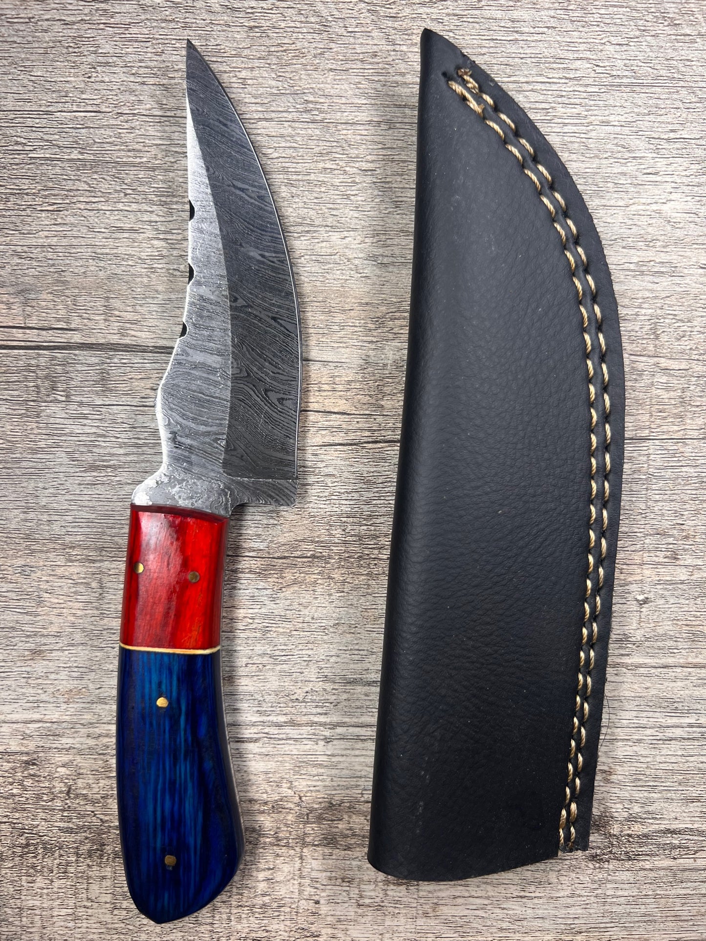 Damascus Steel Knife With Multi-Colored Wooden Handle