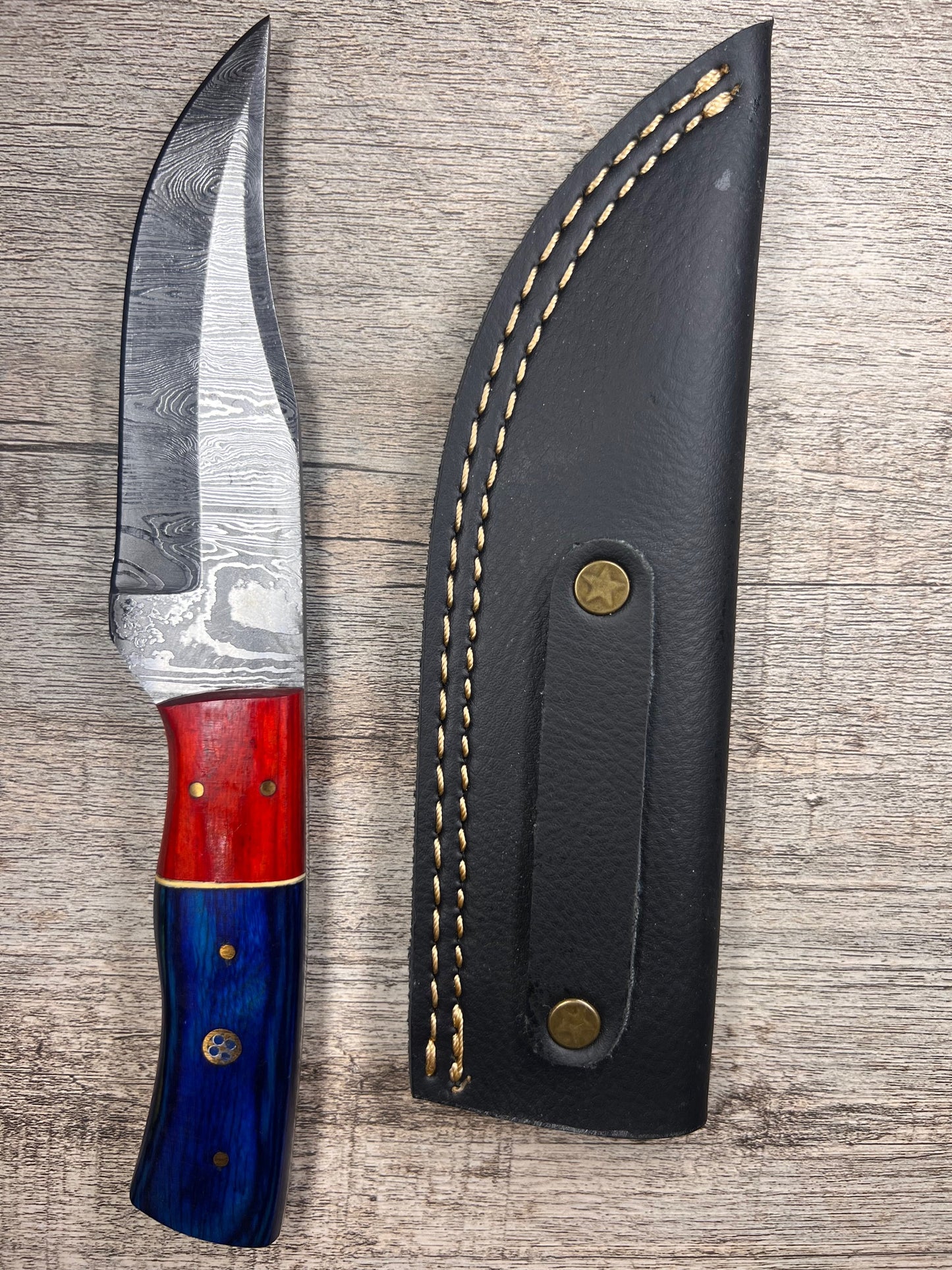 Damascus Steel Knife With Multi-Colored Wooden Handle