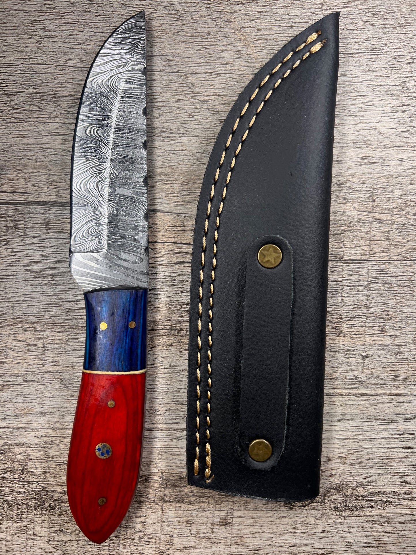 Damascus Steel Knife With Multi-Colored Wooden Handle