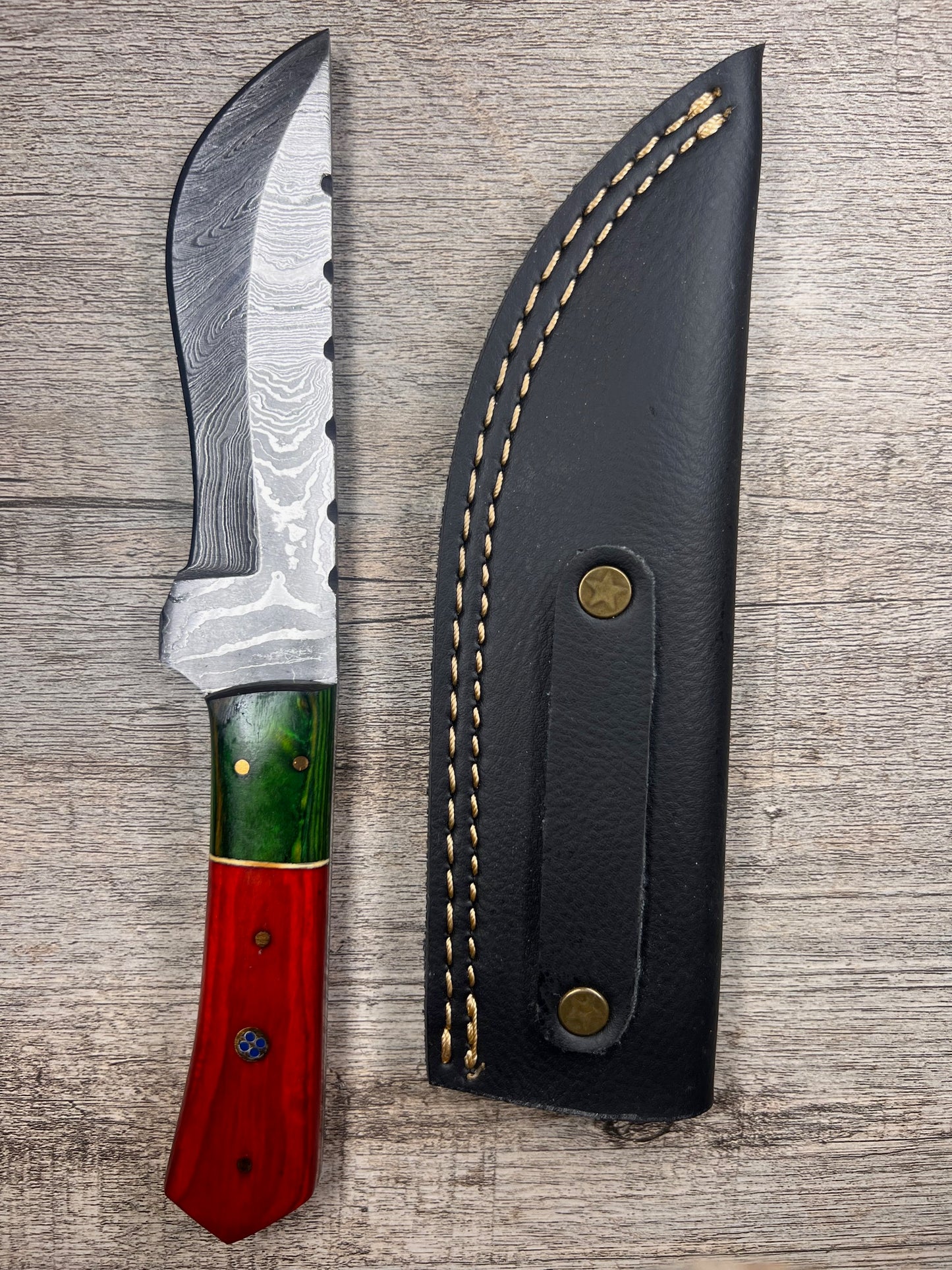 Damascus Steel Knife With Multi-Colored Wooden Handle