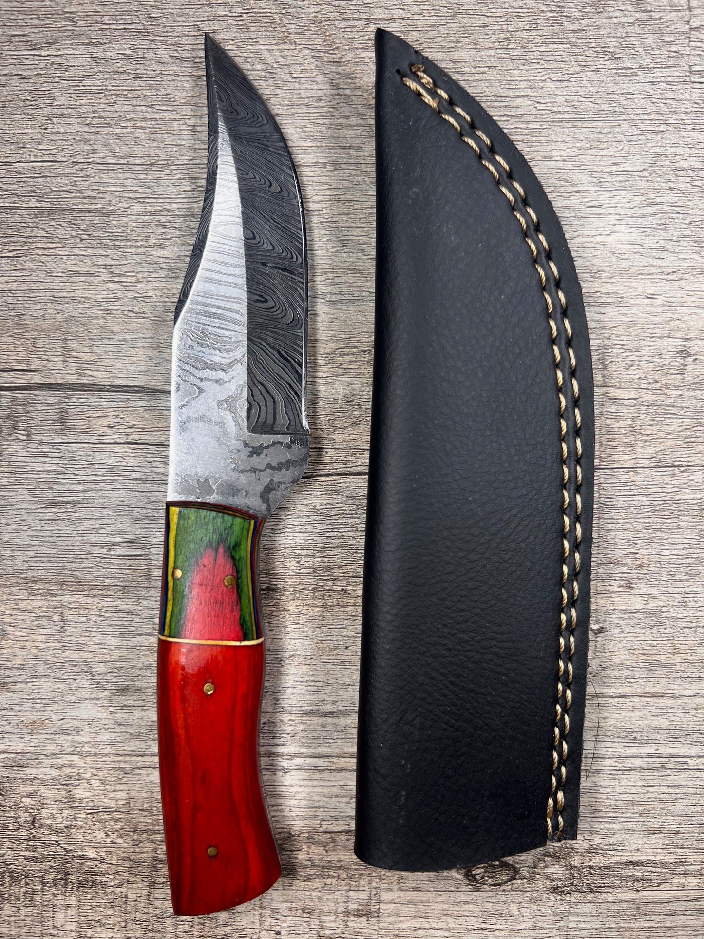 Damascus Steel Knife With Multi-Colored Wooden Handle