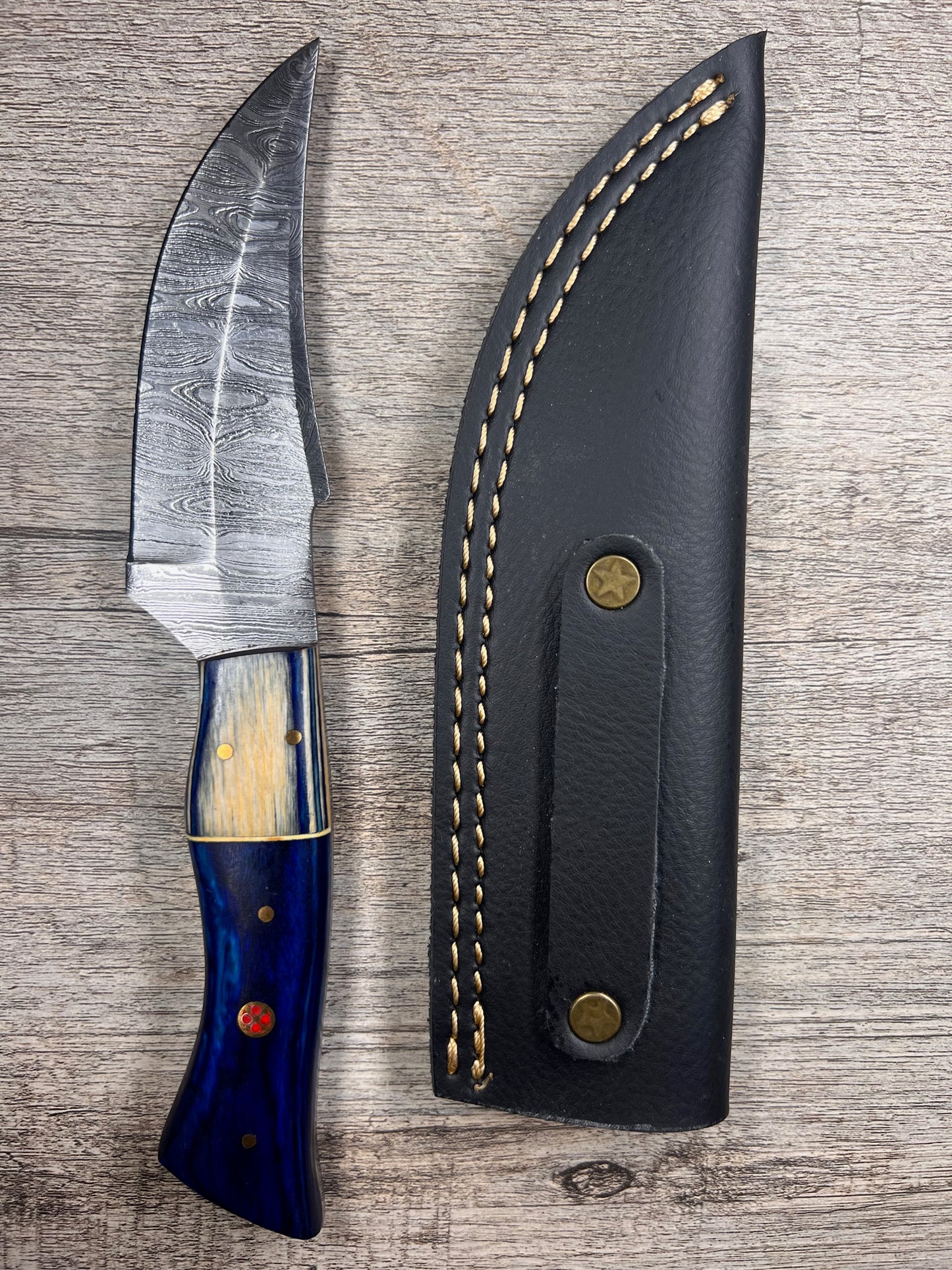 Damascus Steel Knife With Multi-Colored Wooden Handle