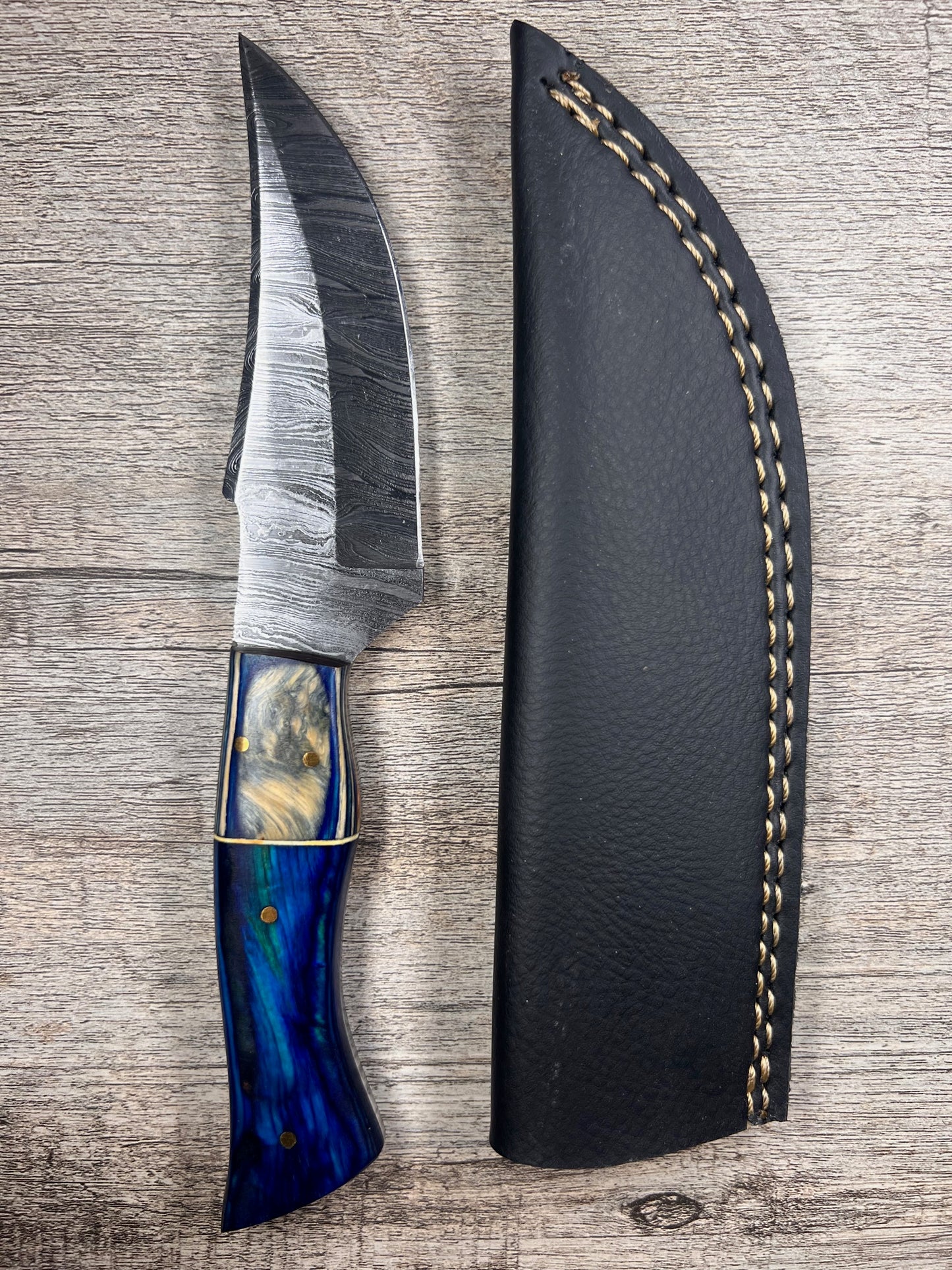 Damascus Steel Knife With Multi-Colored Wooden Handle
