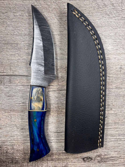 Damascus Steel Knife With Multi-Colored Wooden Handle