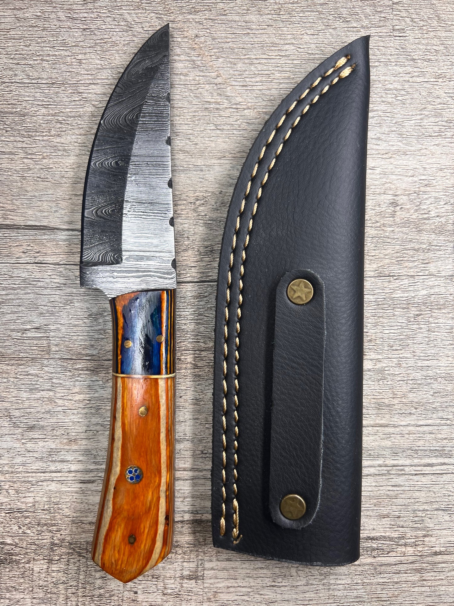 Damascus Steel Knife With Multi-Colored Wooden Handle