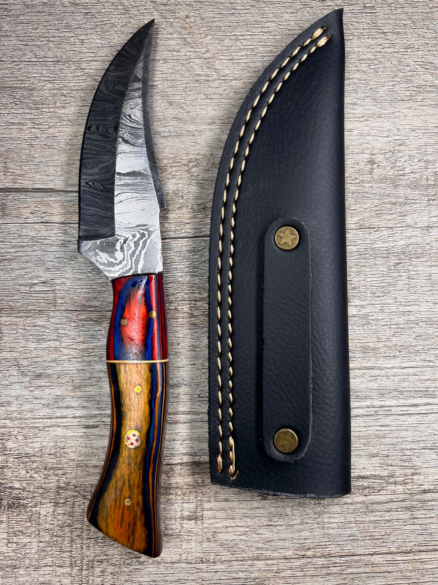 Damascus Steel Knife With Multi-Colored Wooden Handle