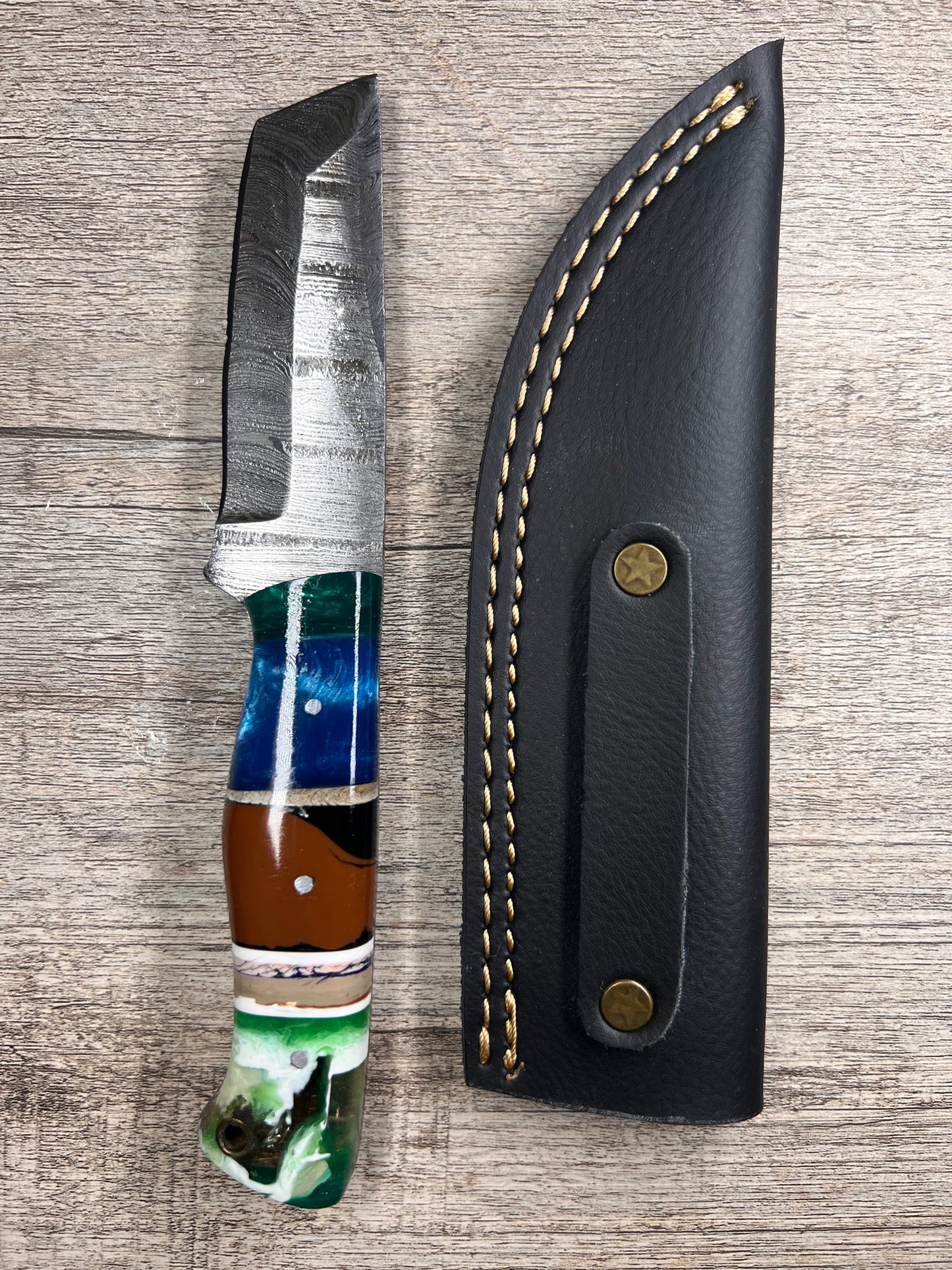 Damascus Steel Knife With Multi-Colored Acrylic Handle