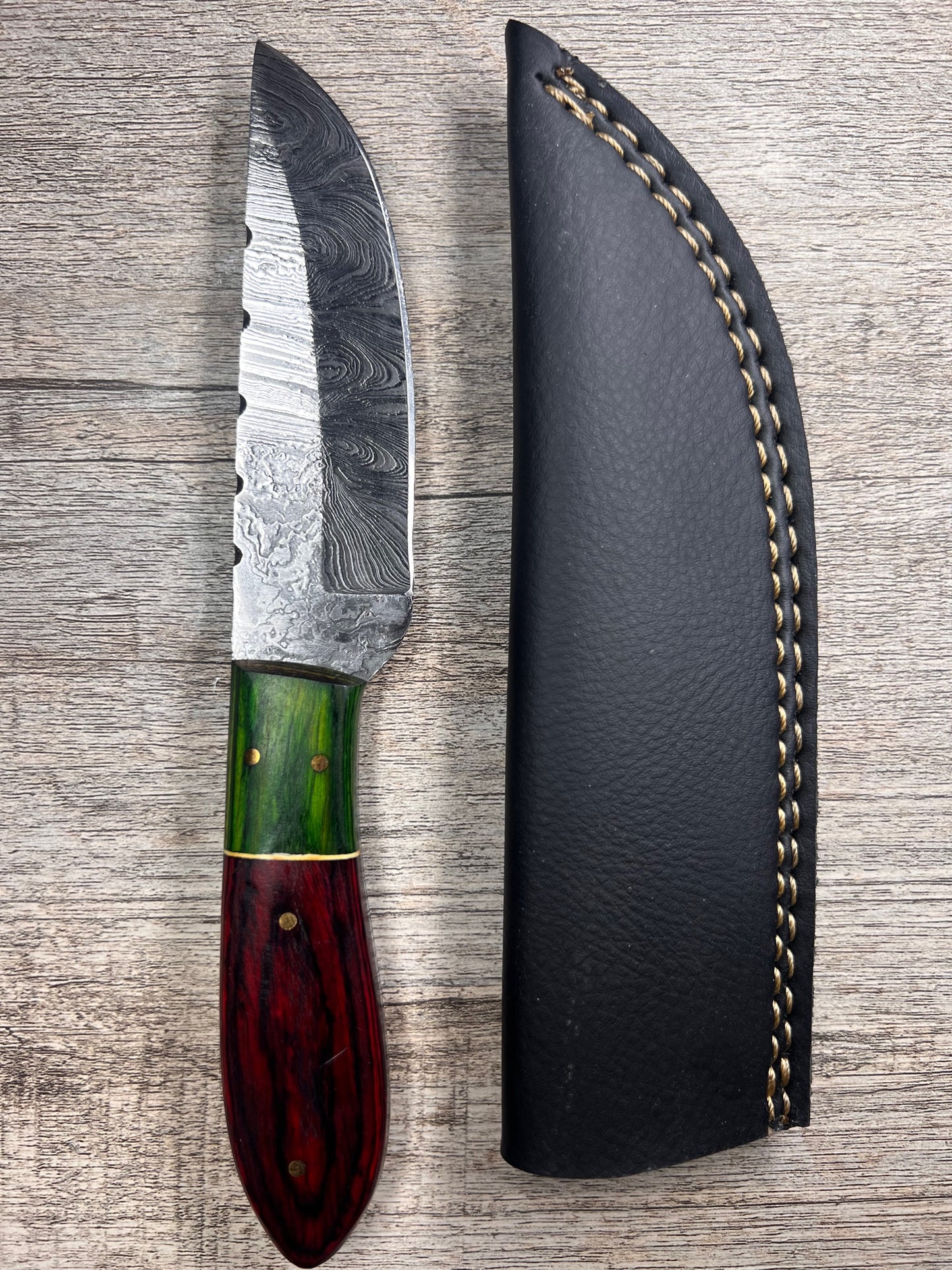 Damascus Steel Knife With Multi-Colored Wooden Handle