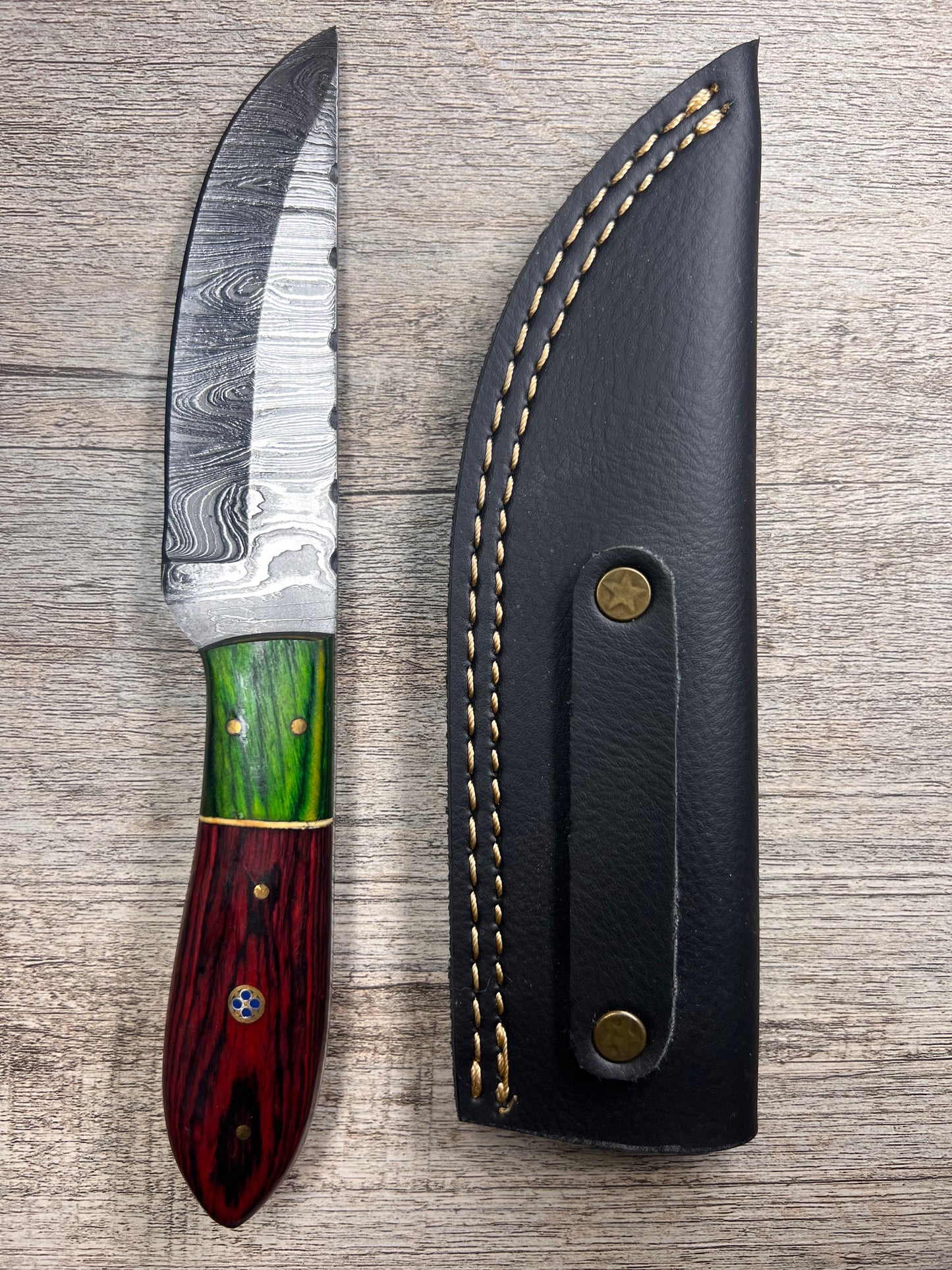 Damascus Steel Knife With Multi-Colored Wooden Handle