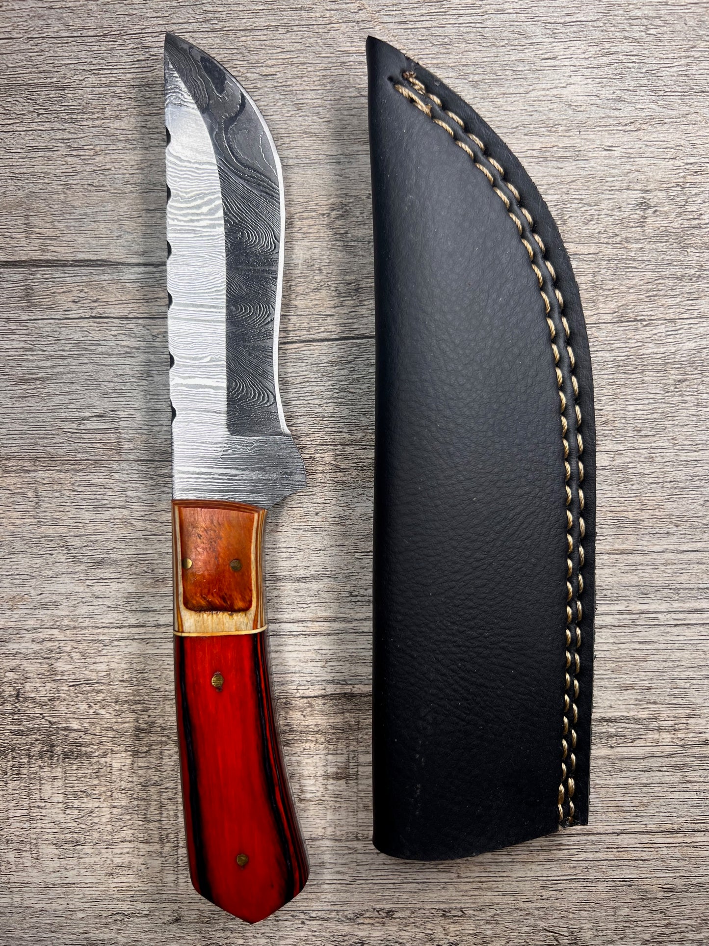 Damascus Steel Knife With Multi-Colored Wooden Handle