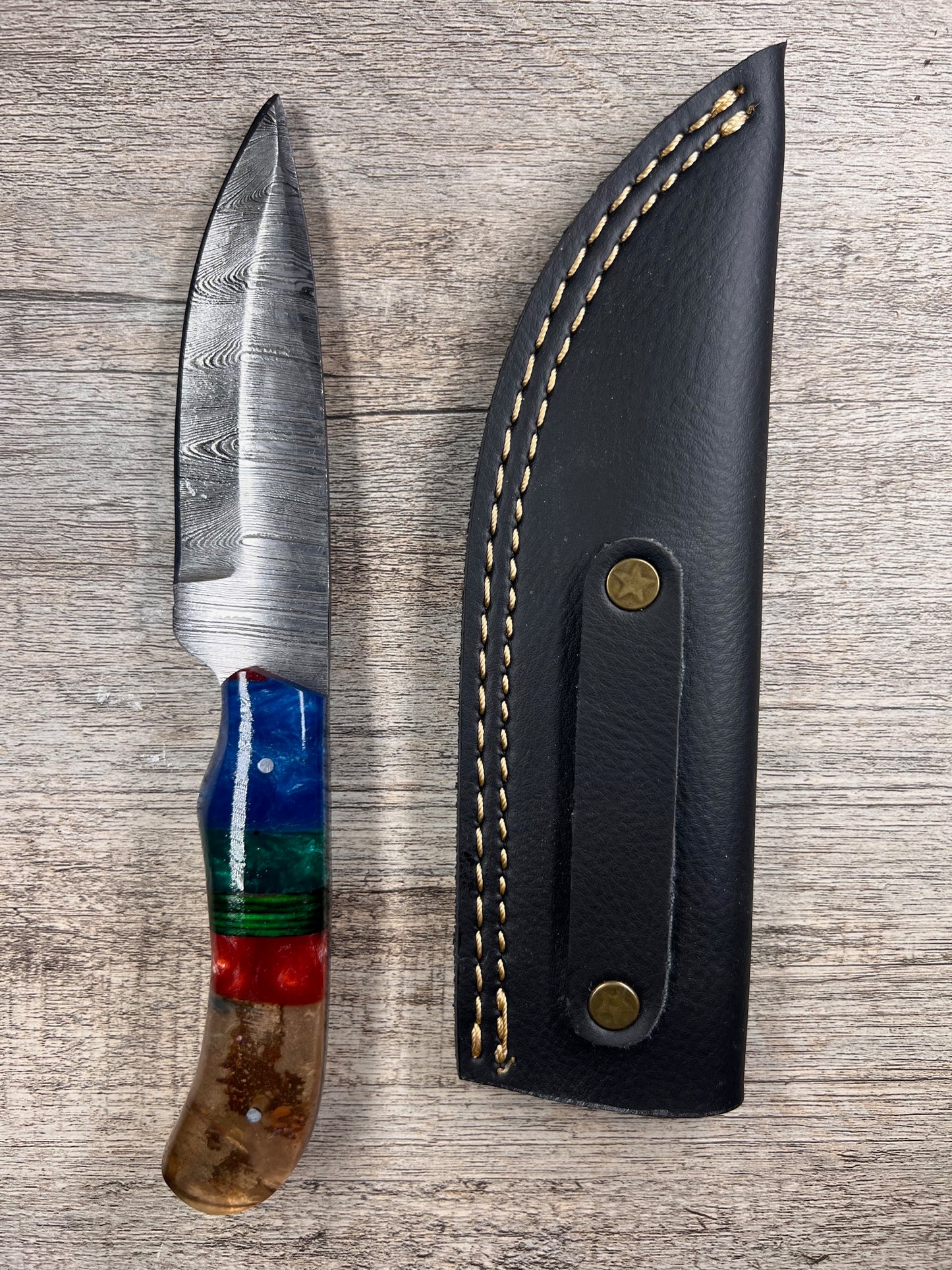 Damascus Steel Knife With Multi-Colored Acrylic Handle