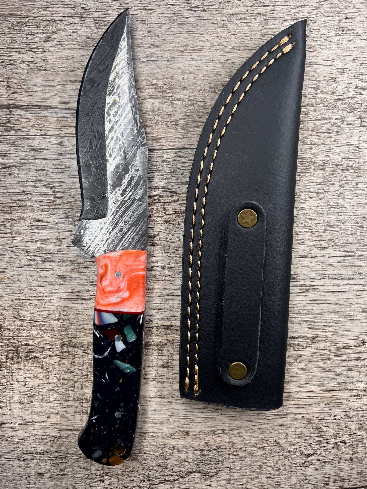 Damascus Steel Knife With Multi-Colored Acrylic Handle