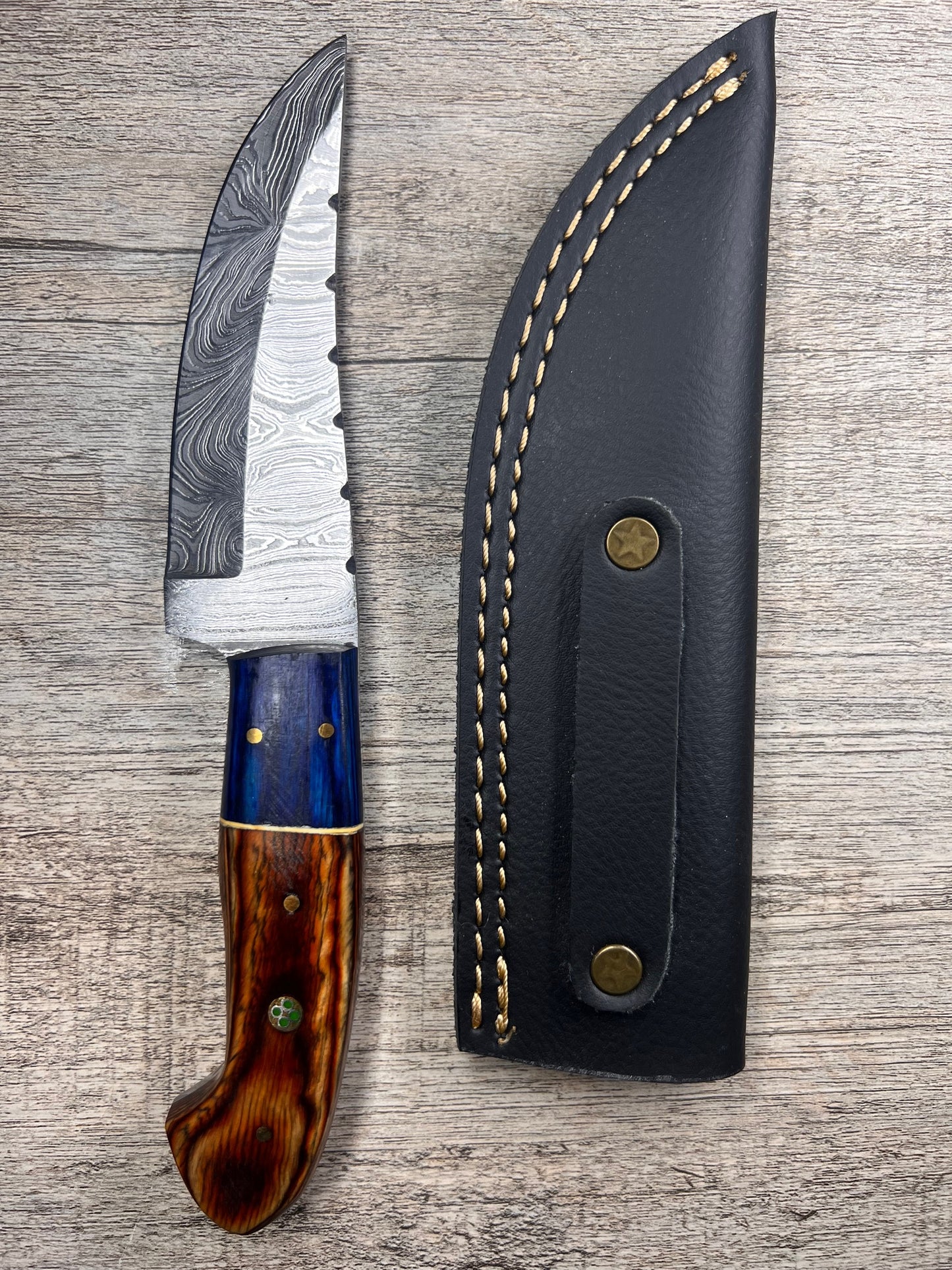 Damascus Steel Knife With Multi-Colored Wooden Handle