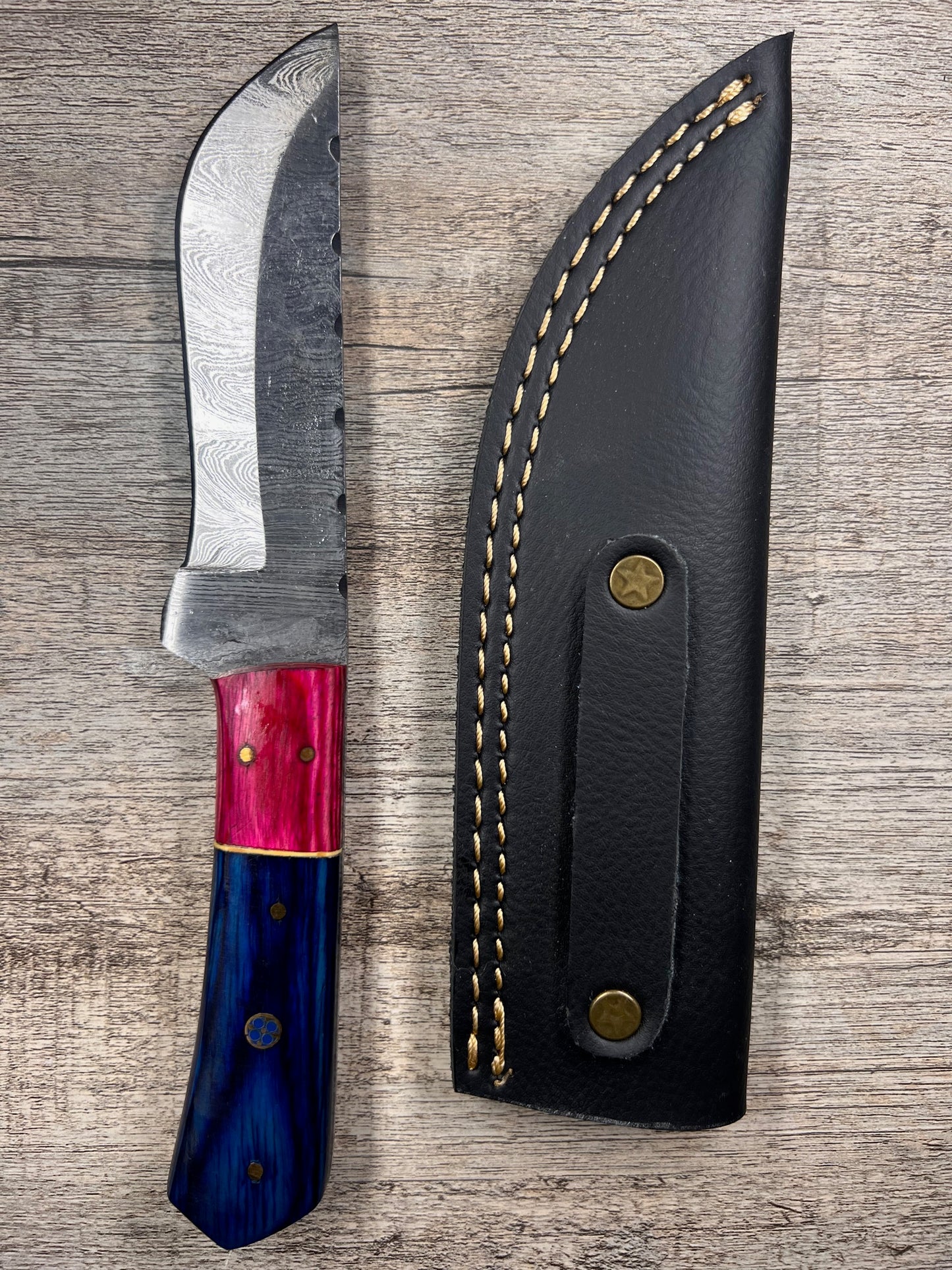 Damascus Steel Knife With Multi-Colored Wooden Handle