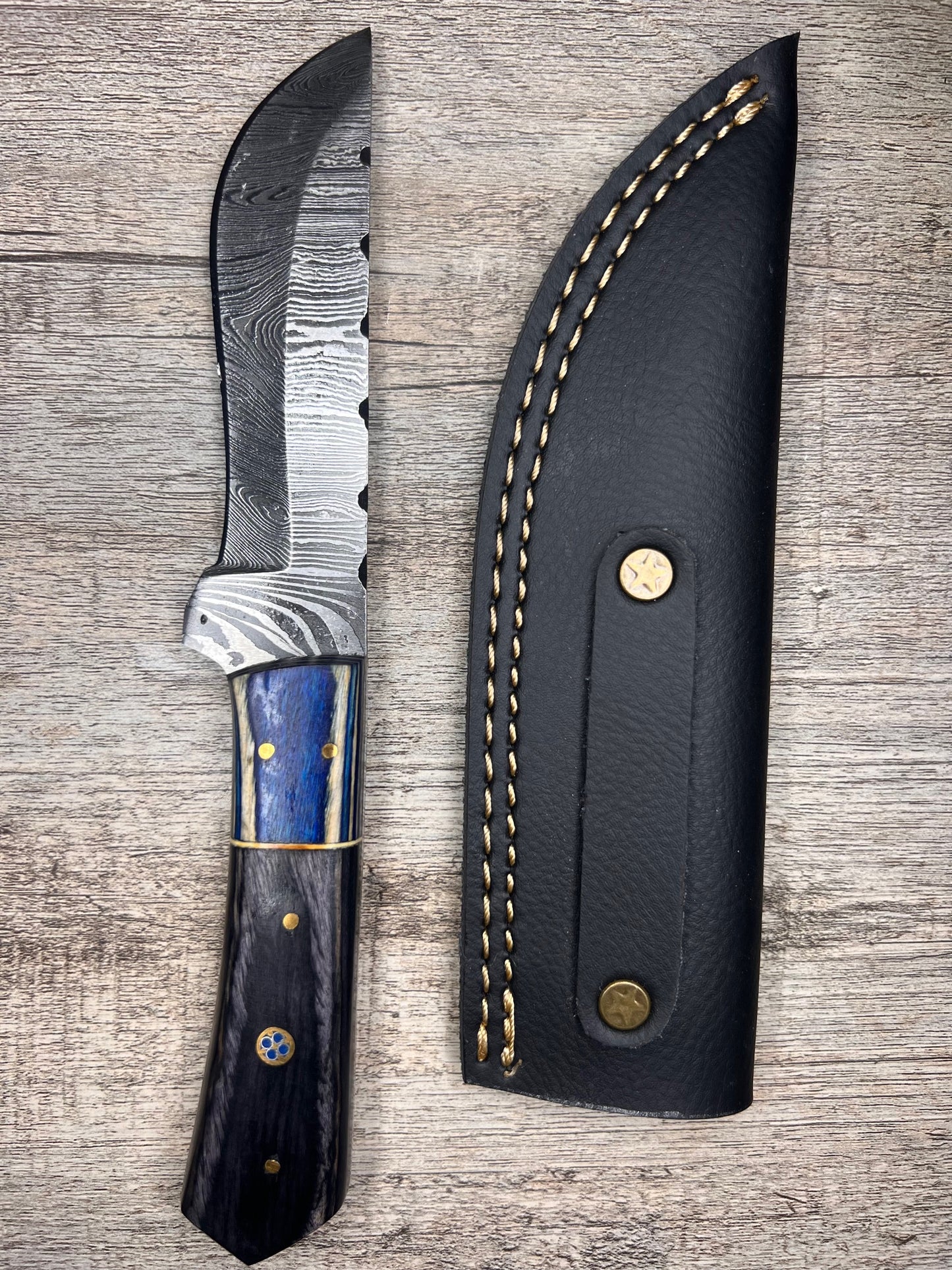 Damascus Steel Knife With Multi-Colored Wooden Handle