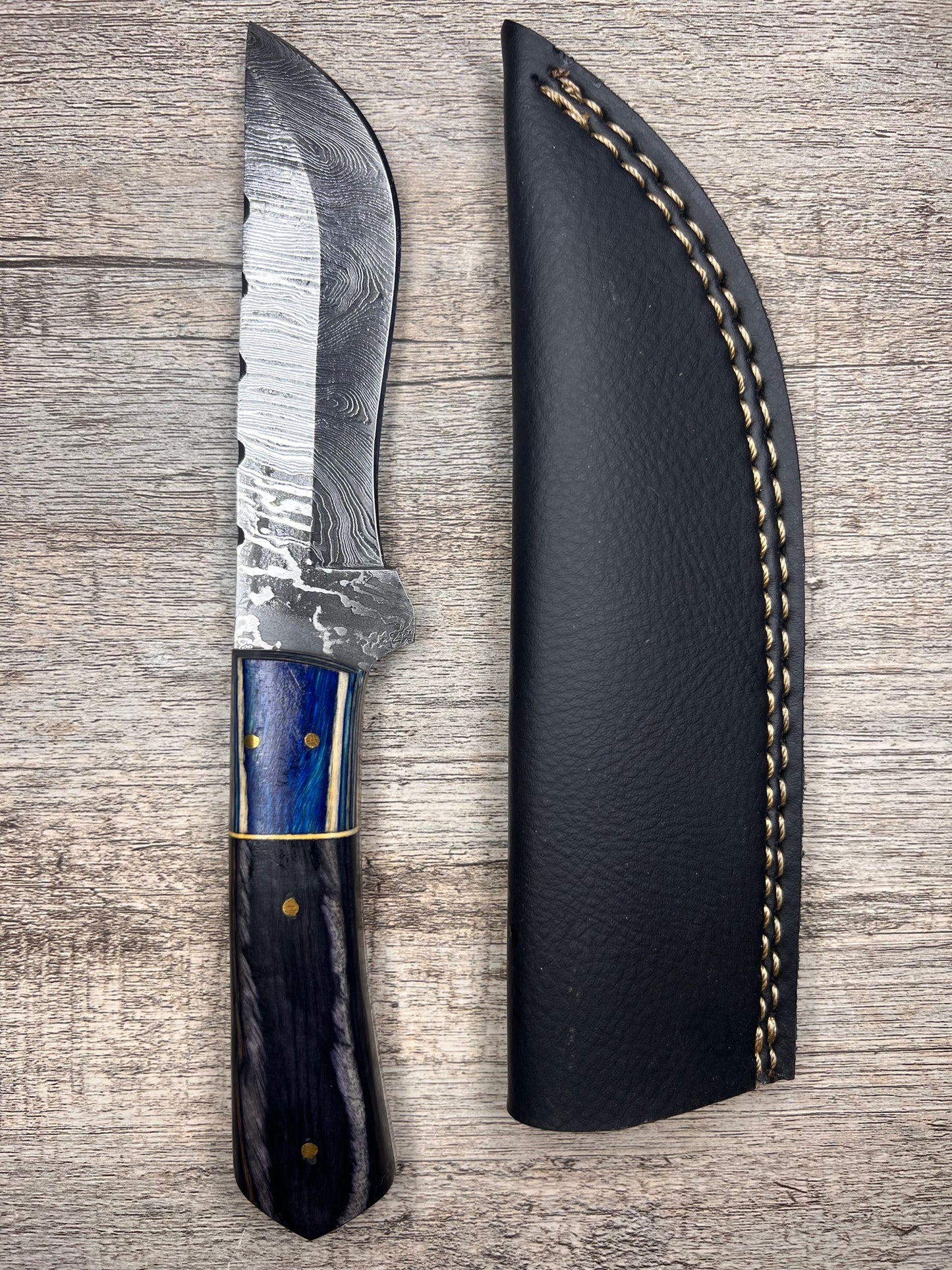 Damascus Steel Knife With Multi-Colored Wooden Handle