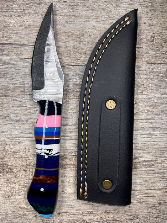 Damascus Steel Knife With Multi-Colored Acrylic Handle