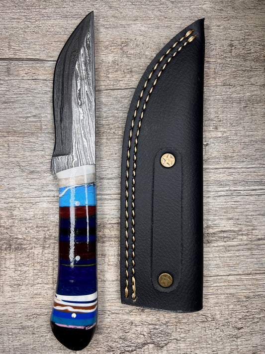 Damascus Steel Knife With Multi-Colored Acrylic Handle