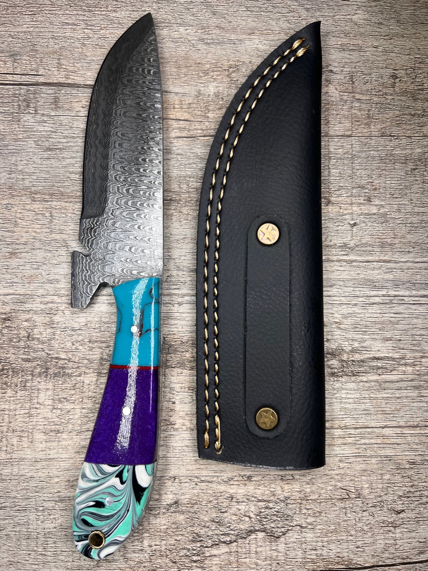 Damascus Steel Knife With Multi-Colored Acrylic Handle
