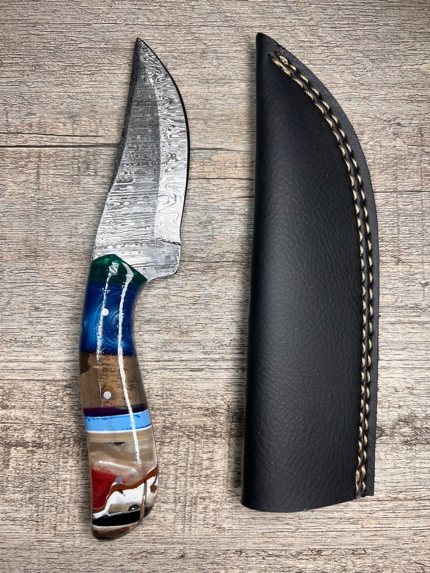 Damascus Steel Knife With Multi-Colored Acrylic Handle