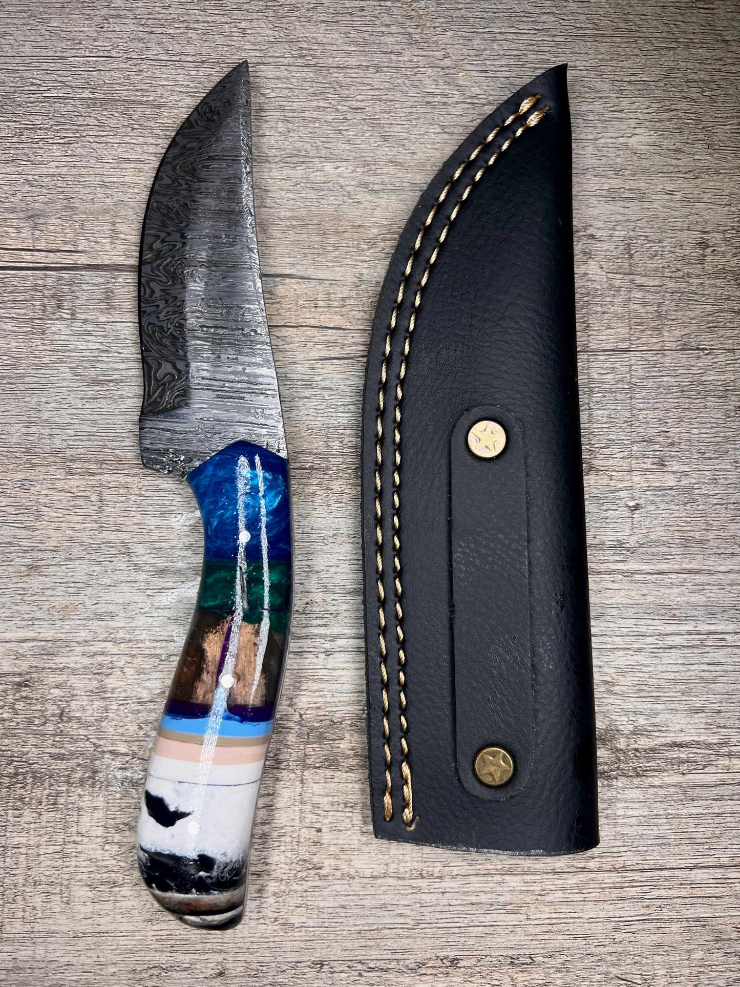 Damascus Steel Knife With Multi-Colored Acrylic Handle