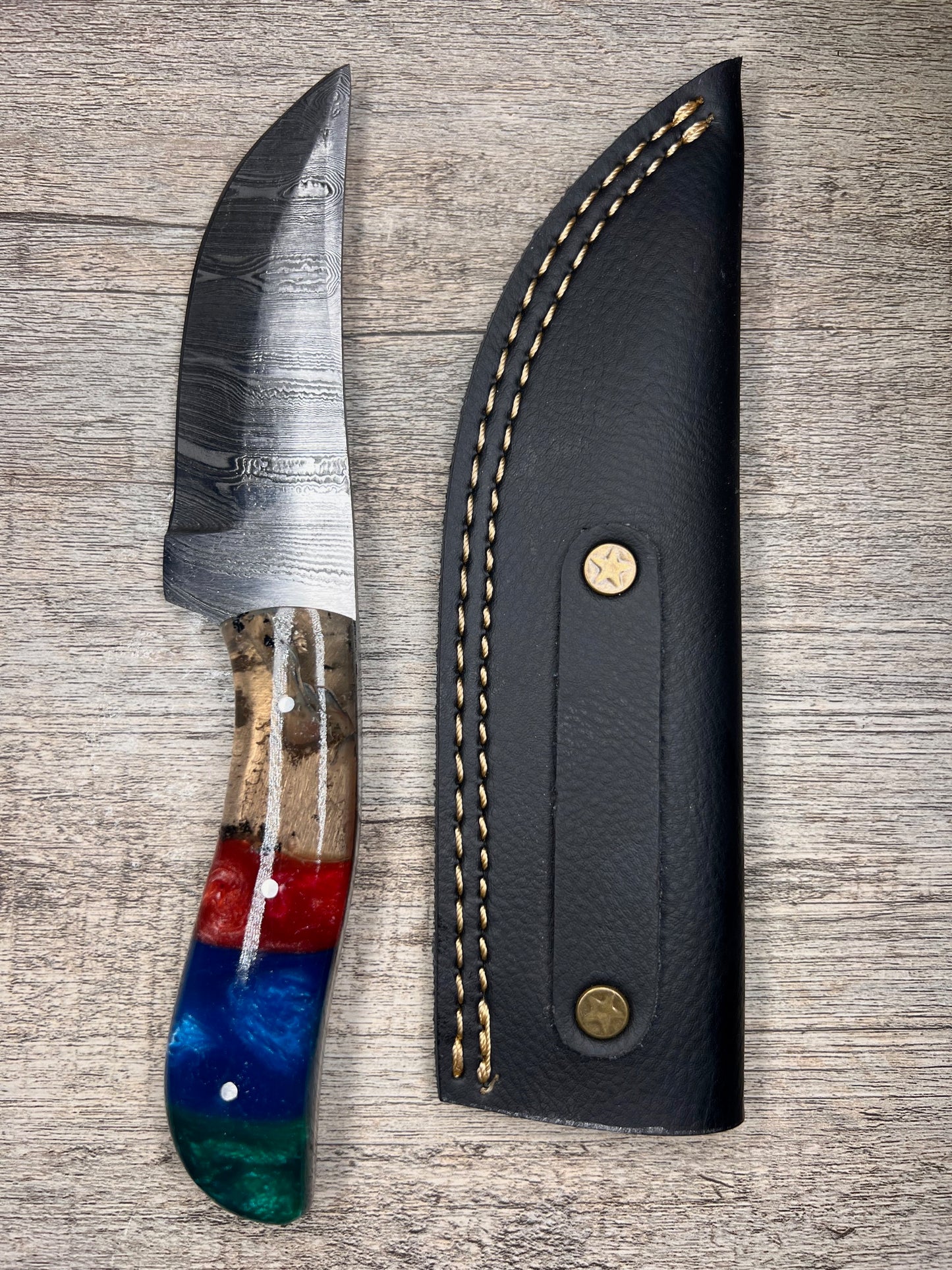 Damascus Steel Knife With Multi-Colored Acrylic Handle
