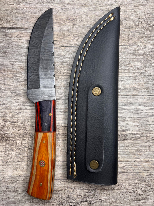 Damascus Steel Knife With Multi-Colored Wooden Handle