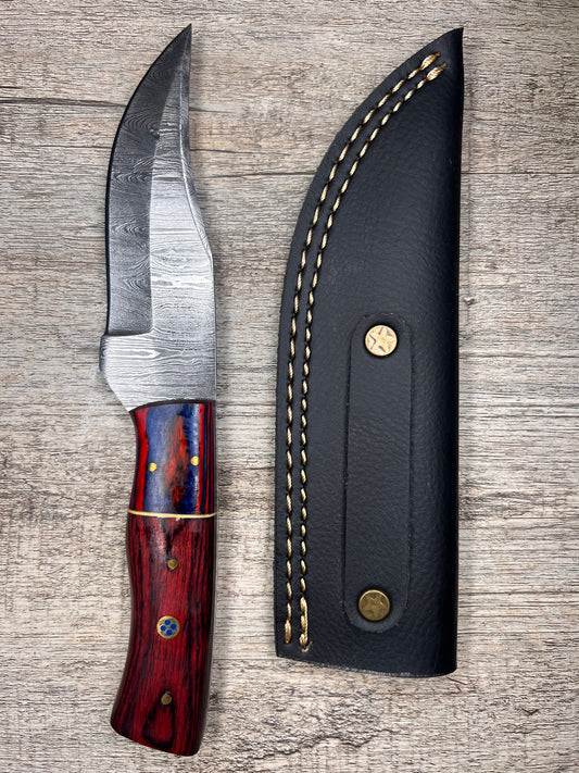 Damascus Steel Knife With Multi-Colored Wooden Handle