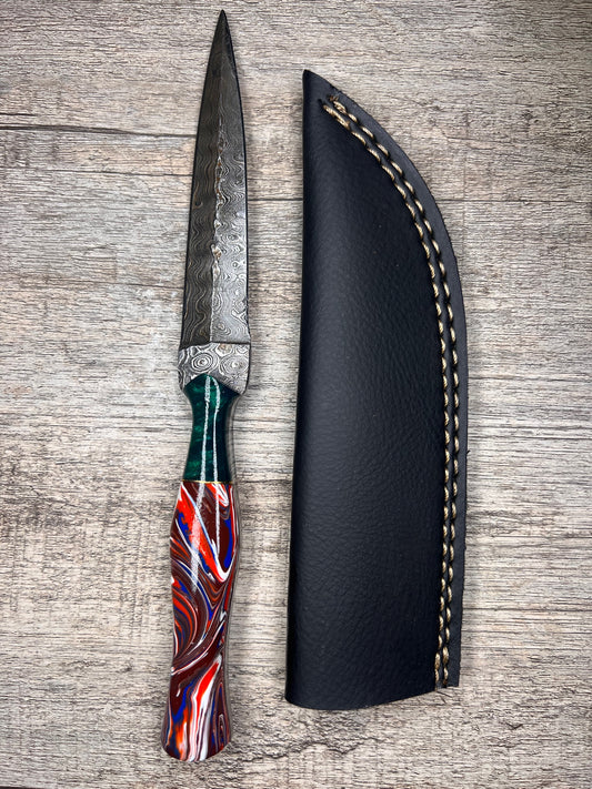 Damascus Steel Dagger With Multi-Colored Acylic Handle