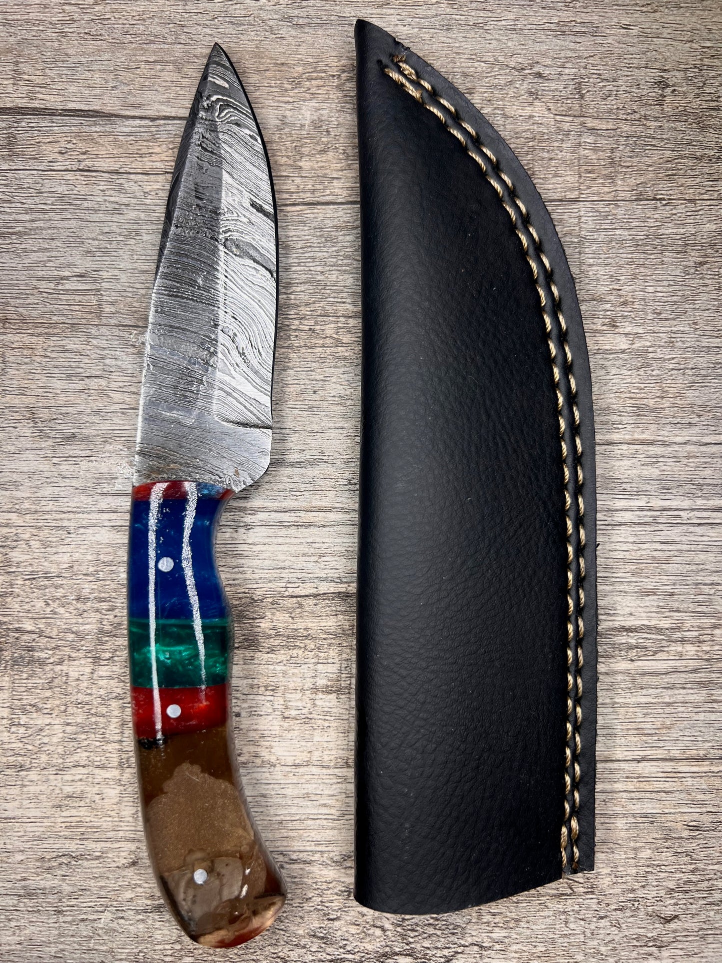 Damascus Steel Knife With Multi-Colored Acrylic Handle