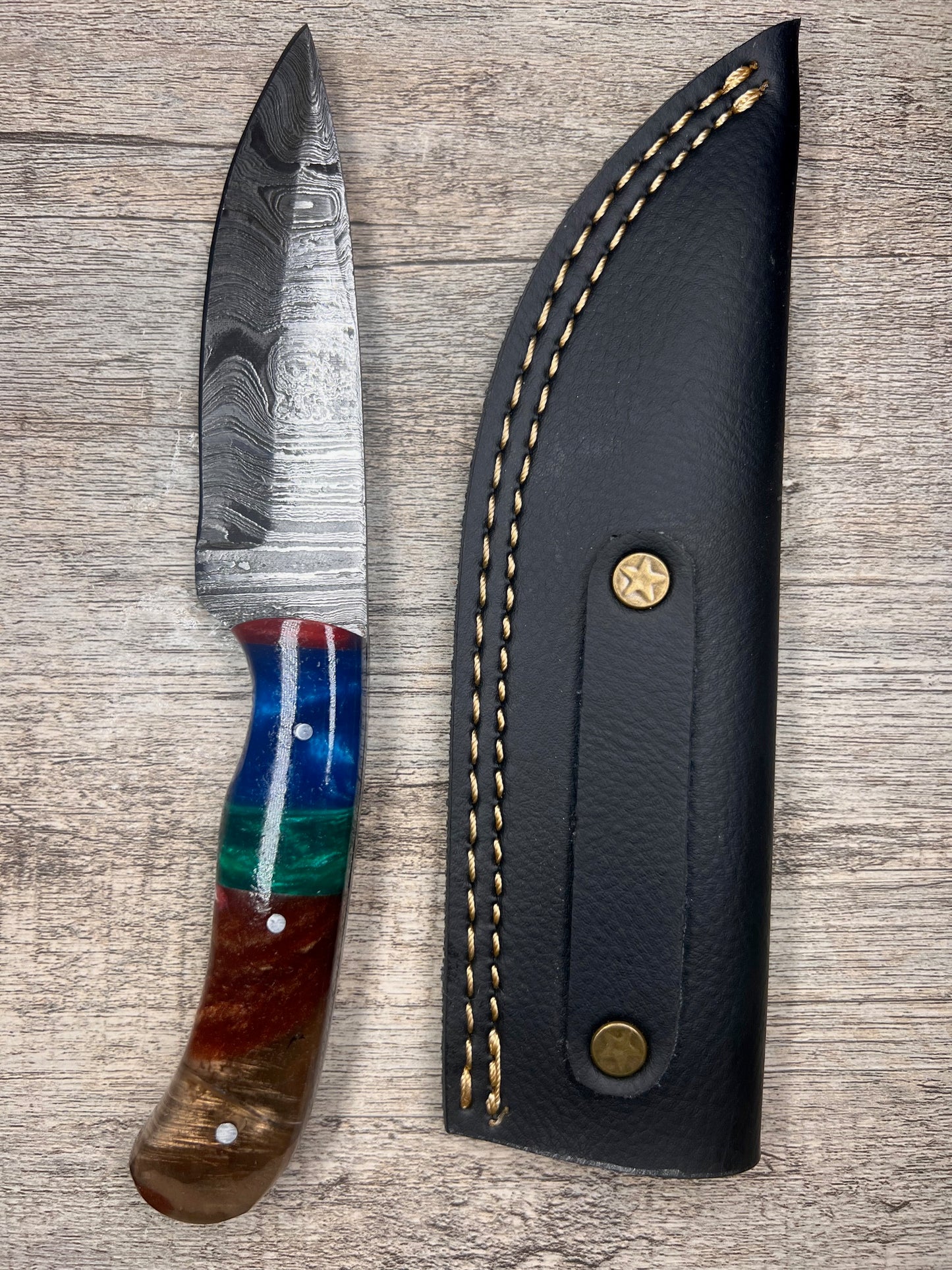 Damascus Steel Knife With Multi-Colored Acrylic Handle