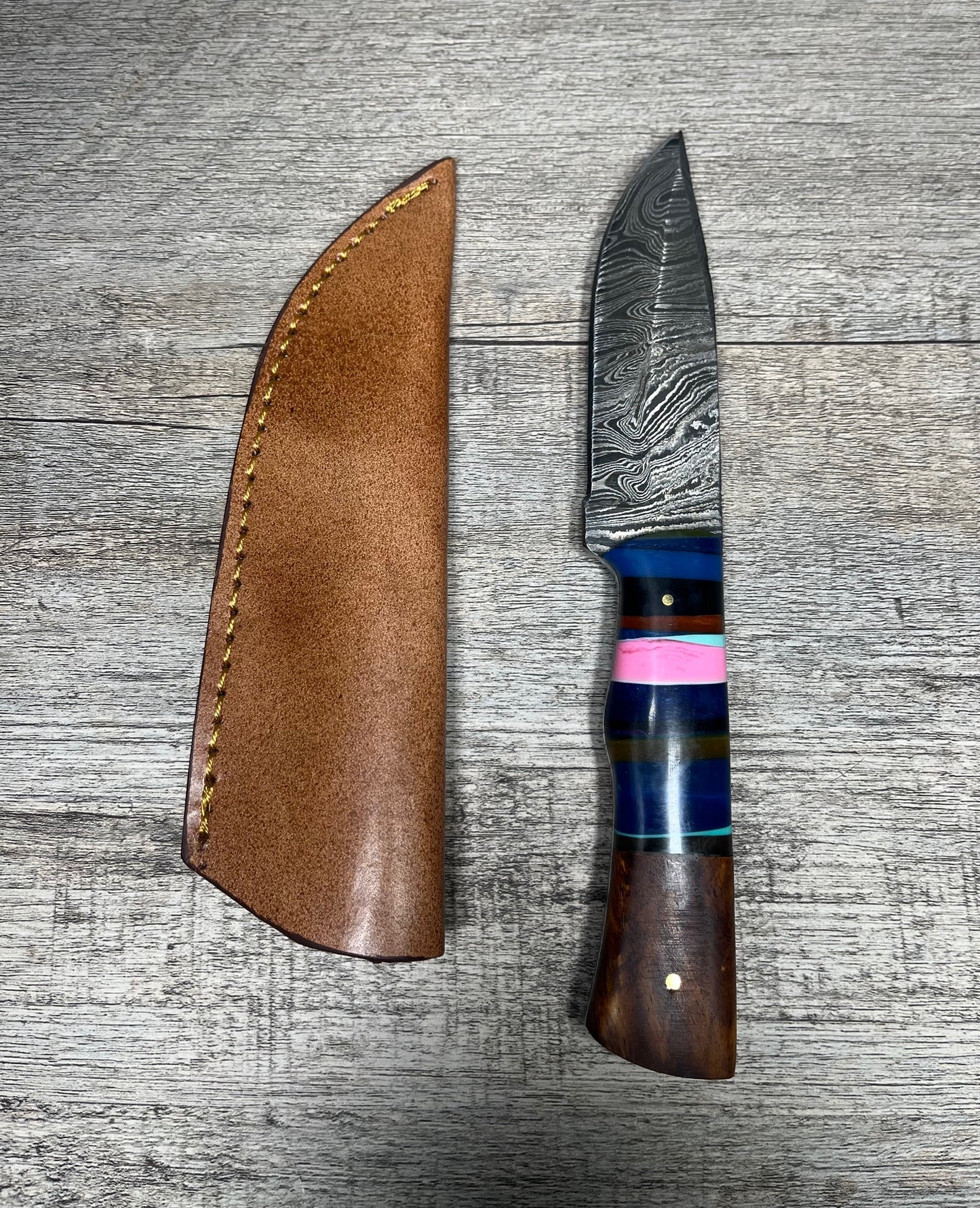 Damascus Steel Knife With Multi-Colored Acrylic Handle