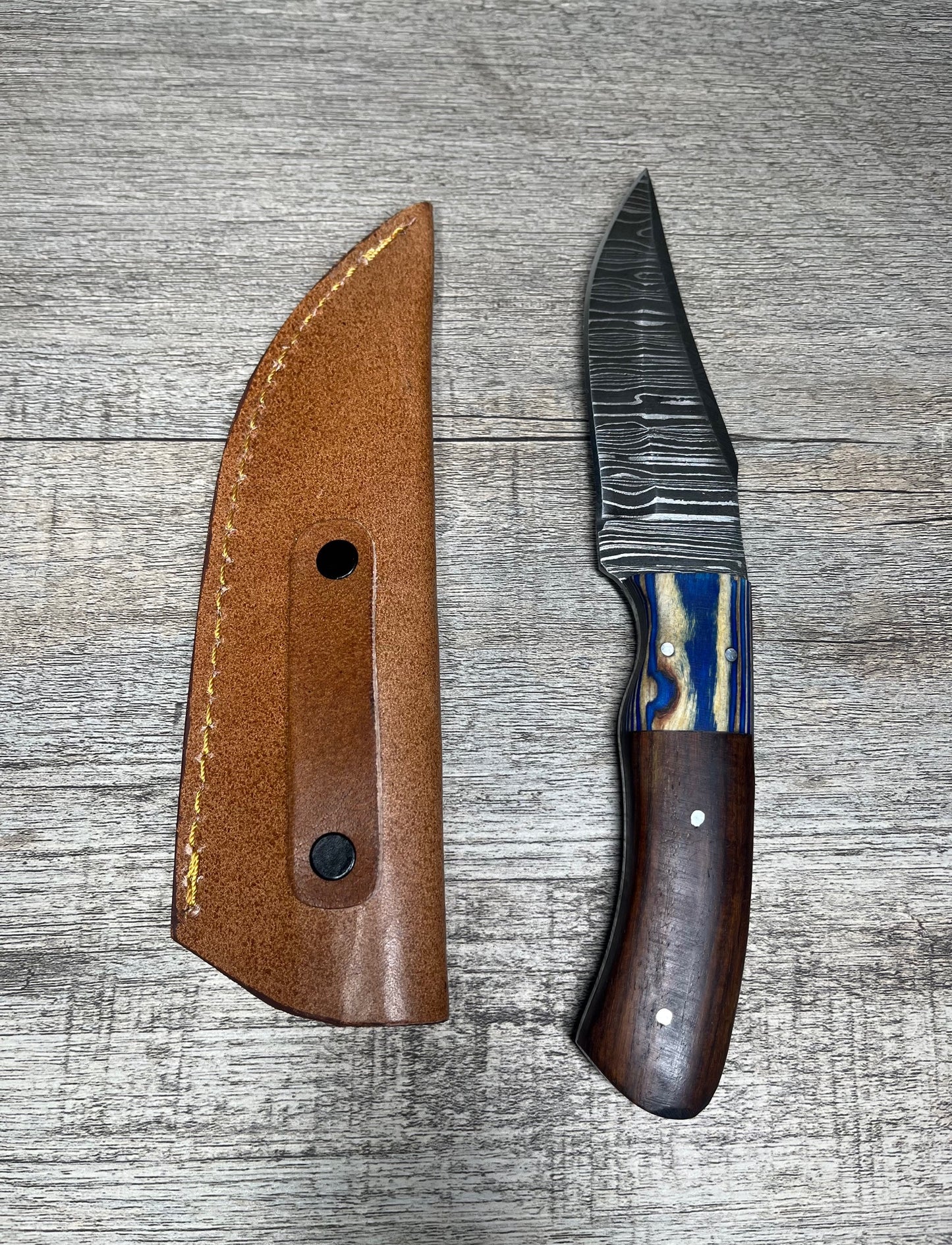 Damascus Steel Knife With Multi-Colored Wooden Handle