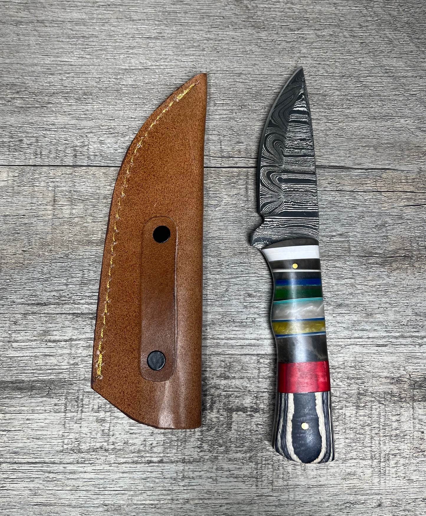 Damascus Steel Knife With Multi-Colored Acrylic Handle