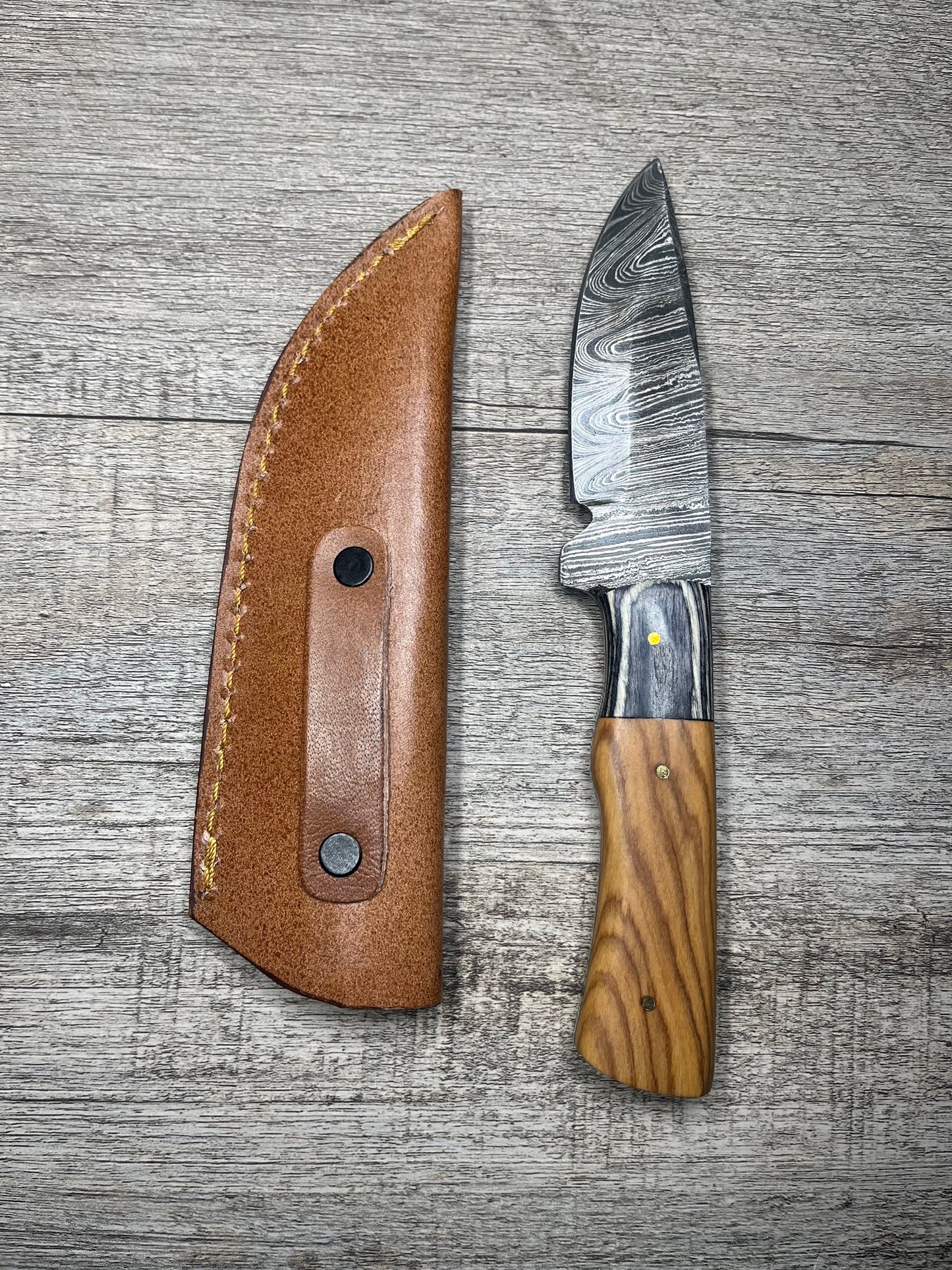 Damascus Steel Knife With Multi-Colored Wooden Handle